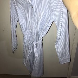 White and blue long sleeve striped dress with tie